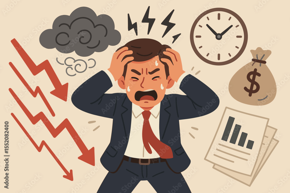 Stressed businessman under pressure, financial crisis, economic downturn, deadline anxiety, loss, burnout, overwhelmed office worker, negative stock market, business stress concept illustration Stressed businessman under pressure, financial crisis, economic downturn, deadline anxiety, loss, burnout, overwhelmed office worker, negative stock market, business stress concept illustration