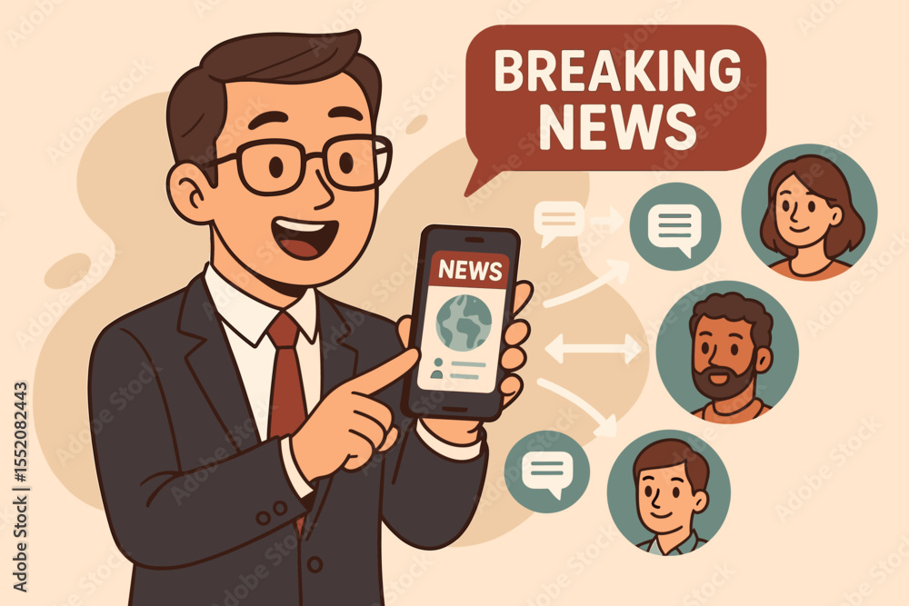 Businessman Sharing Breaking News Online on Smartphone, Forwarding Messages to Colleagues and Friends, Digital Communication, Social Media Notification, Vector Cartoon Illustration Businessman Sharing Breaking News Online on Smartphone, Forwarding Messages to Colleagues and Friends, Digital Communication, Social Media Notification, Vector Cartoon Illustration