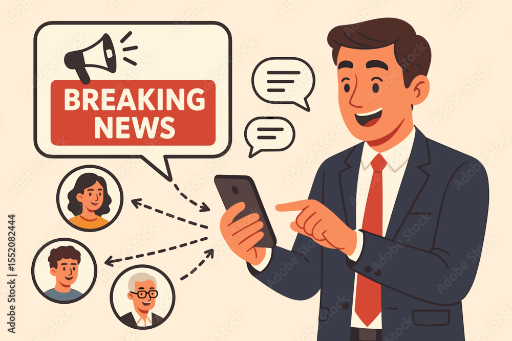 Businessman sharing breaking news online with smartphone, sending urgent notifications and messages to colleagues, friends, and contacts, social media communication, digital information alert vector Businessman sharing breaking news online with smartphone, sending urgent notifications and messages to colleagues, friends, and contacts, social media communication, digital information alert vector