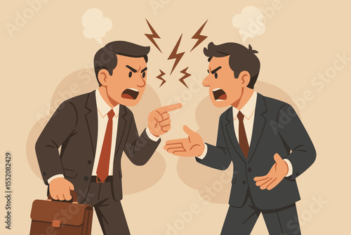 Businessmen arguing conflict negotiation. Office dispute. Heated conversation. Workplace disagreement. Angry coworkers. Discussion stress. Business conflict resolution. Cartoon vector illustration.