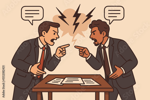 Businessmen in Heated Argument, Intense Negotiation and Conflict Resolution, Office Dispute, Business Communication Breakdown, Vector Cartoon Illustration for Workplace Problem Solving Concepts