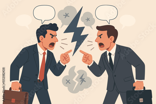 Businessmen arguing in heated office conflict, debate and negotiation, business rivalry, corporate disagreement, workplace dispute, confrontation concept, vector cartoon illustration