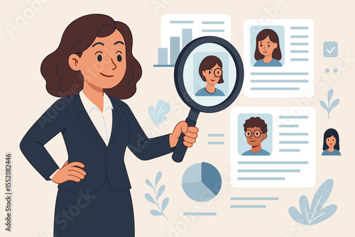 Businesswoman with magnifying glass examining candidate resumes, recruitment process, job search, HR selection, human resources analysis, employment choice vector, office hiring concept illustration