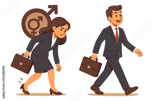 Businesswoman Struggling With Gender Inequality Burden While Confident Businessman Walks Free, Workplace Discrimination Concept, Career Opportunity Gap Vector Illustration