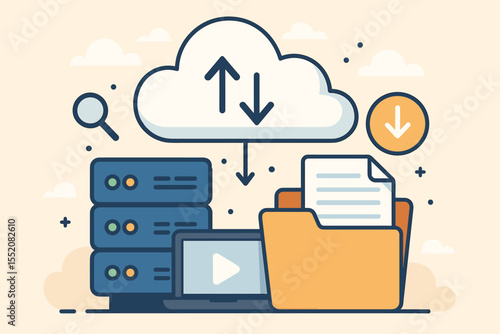 Cloud computing data storage and file management vector. Server database, online backup, digital document folder, upload download, internet hosting, cloud technology concept cartoon illustration