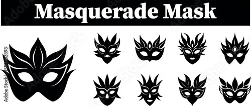 Collection of elegant black masquerade masks in a stylized silhouette design isolated on transparent background