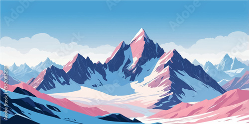 A panoramic winter wonderland unfolds in the Swiss Alps, showcasing majestic, snow-capped peaks under a vast sky, with glaciers and icy landscapes hinting at alpine adventures