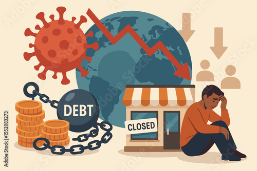 Global Economic Crisis Caused by Pandemic. Business Closure, Mounting Debt, Unemployment Surge. Financial Recession, Economic Downturn. Money Loss, Bankruptcy, Revenue Decline, Vector Illustration
