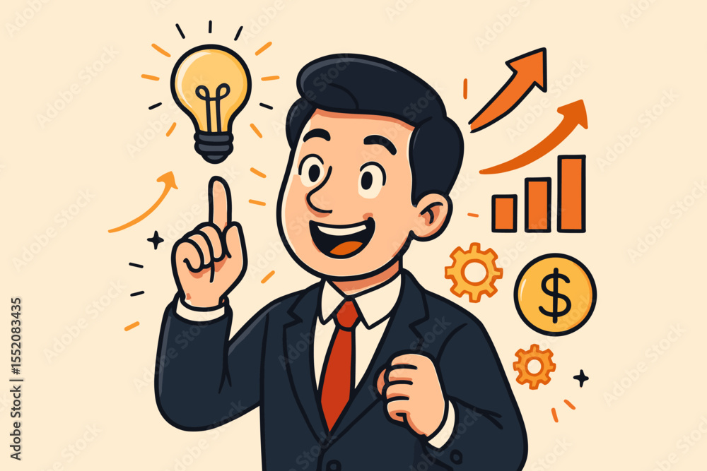 Cartoon businessman in suit having eureka idea moment, light bulb innovation, creative business success concept, growth chart, money symbol, motivation, vector illustration for finance strategy Cartoon businessman in suit having eureka idea moment, light bulb innovation, creative business success concept, growth chart, money symbol, motivation, vector illustration for finance strategy