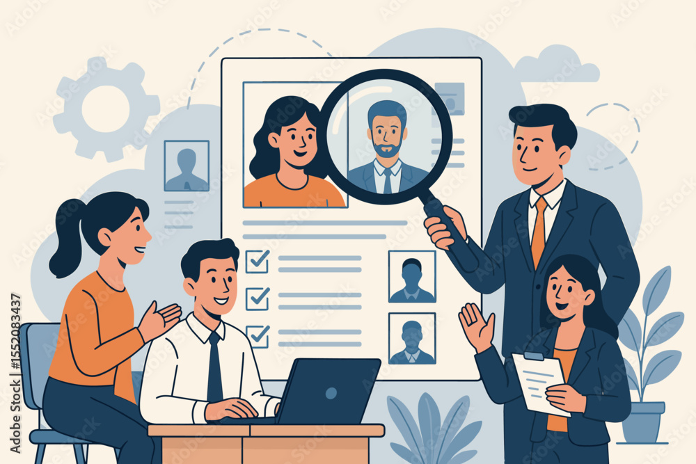 Recruiting top talent for job positions, effective hiring process, human resources team reviewing candidate profiles, magnifying glass, teamwork, business success, vector cartoon illustration Recruiting top talent for job positions, effective hiring process, human resources team reviewing candidate profiles, magnifying glass, teamwork, business success, vector cartoon illustration