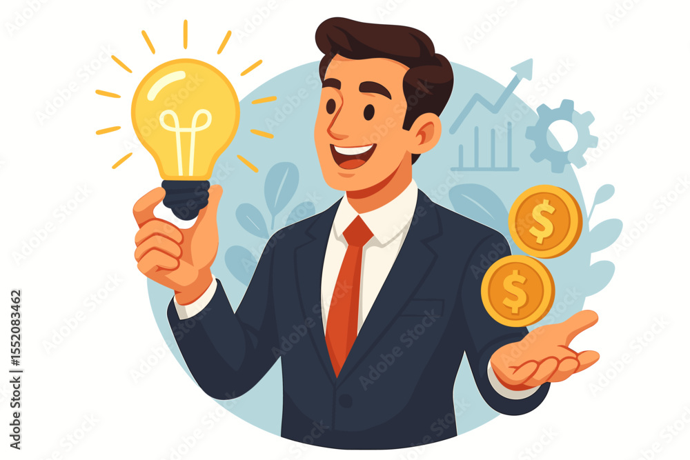 Successful businessman in suit holding glowing light bulb and gold coins, innovation and entrepreneurship, creative ideas turning into profit, finance and business growth vector illustration Successful businessman in suit holding glowing light bulb and gold coins, innovation and entrepreneurship, creative ideas turning into profit, finance and business growth vector illustration