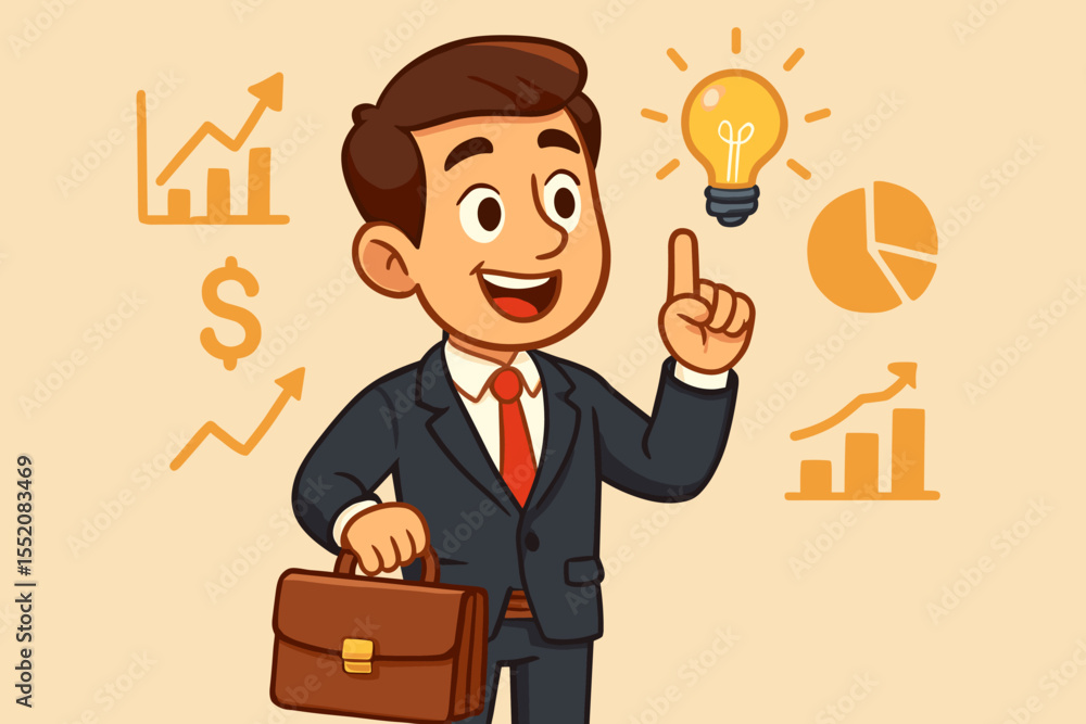 Cartoon Businessman in Suit Holding Briefcase with Lightbulb Idea, Financial Growth Charts, Innovation, Creative Business Solutions, Success, Investment, Profitable Strategy, Vector Illustration Cartoon Businessman in Suit Holding Briefcase with Lightbulb Idea, Financial Growth Charts, Innovation, Creative Business Solutions, Success, Investment, Profitable Strategy, Vector Illustration