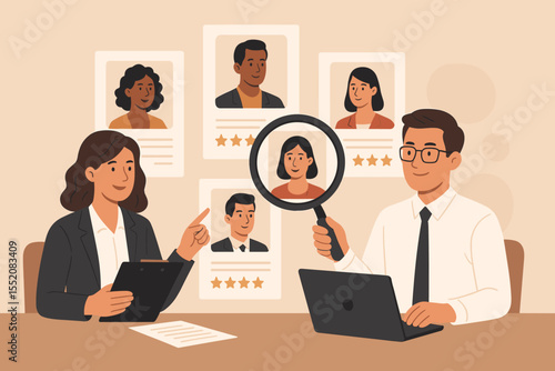 Human Resources Managers Selecting Best Job Candidate. Recruitment Process, Employee Evaluation, HR Interview, Hiring Decision, Resume Screening, Teamwork, Business Office Concept Vector Illustration
