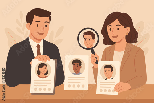 Human resources managers reviewing resumes during recruitment process. Job interview, candidate selection, hiring decision, employee search, professional HR team, office teamwork illustration