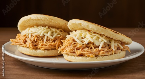 Arepas stuffed with shredded chicken and cheese on a restaurant table