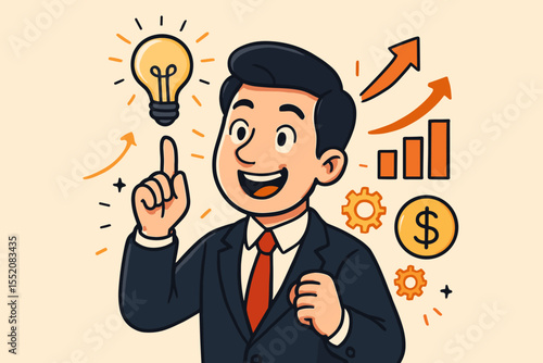 Cartoon businessman in suit having eureka idea moment, light bulb innovation, creative business success concept, growth chart, money symbol, motivation, vector illustration for finance strategy