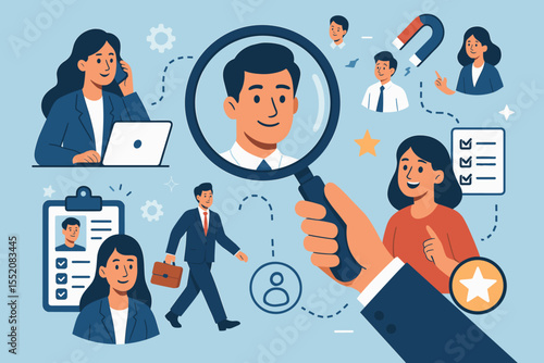 Human resources recruitment process. Talent acquisition, candidate search, job interview, employee selection, HR manager, teamwork. Hiring staff, CV review, career, business team illustration