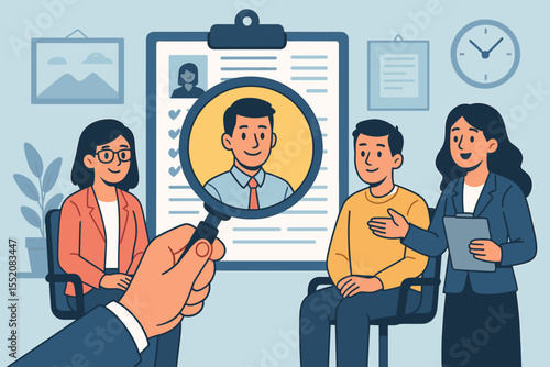 Recruitment process illustration with job interview, HR manager analyzing candidates, magnifying glass on resume, hiring talent, business team discussion, employment selection concept, office setting