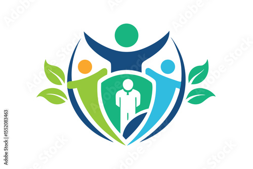 A vibrant green leaf icon illustrates a four-hand family teamwork logo, symbolizing care for nature and organic health