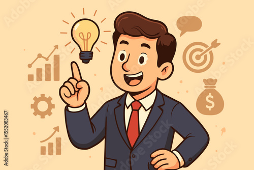 Cartoon businessman idea eureka moment, creative innovation, business growth, success strategy, light bulb inspiration, financial planning, goal achievement, vector illustration