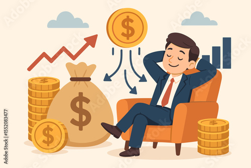 Relaxed investor earning passive income from stocks, dividends, and investments. Money growth, financial independence, wealth accumulation, financial freedom. Business success money bag coins chart