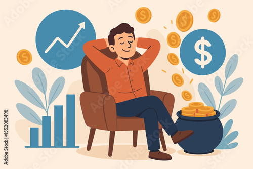 Relaxed investor passive income wealth financial freedom concept. Man armchair with growing profits, money coins, investment pot, bar graph, rising stock chart, earning dividends illustration vector