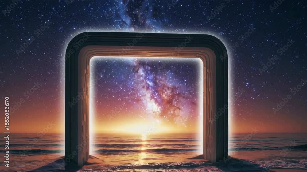 Surreal fantasy portal to galaxy opens over ocean during sunset with starry night sky