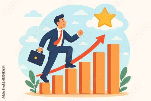 Ambitious businessman climbing bar chart to success, career growth, achieving business goals, leadership, motivation, financial progress, opportunity, upward arrow, star reward, vector illustration