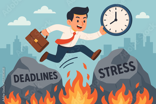 Businessman Jumping Over Deadlines and Stress Concept, Time Management Pressure, Work Burnout, Office Worker Rushing with Clock and Briefcase, Overwhelmed Employee Vector Illustration