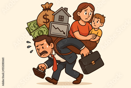 Stressed businessman carrying family, money, debt, house, and financial burden. Overworked father under pressure. Economic hardship, financial responsibility, work life balance, family support vector