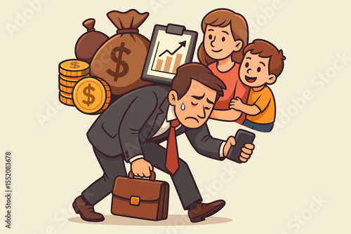 Stressed businessman carrying money bags coins chart briefcase mobile phone while supporting family. Financial responsibility overload. Work life balance struggle. Burdened parent provider concept