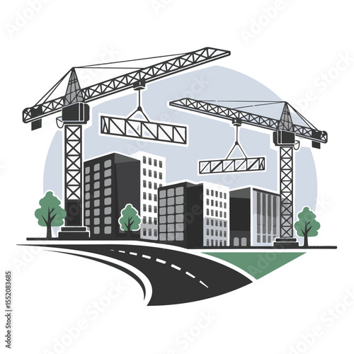 An urban construction site with a towering crane developing a modern architectural building