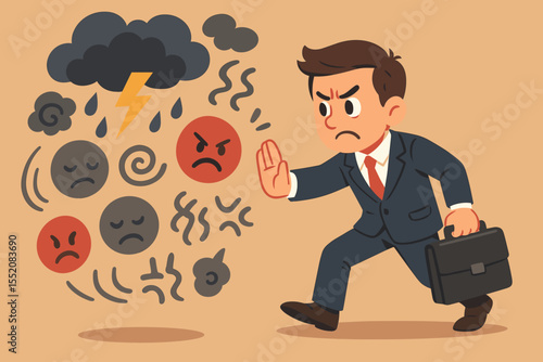 Stressed businessman in suit blocking negative emotions, anger, sadness, storm cloud, mental health, stress management concept, cartoon vector illustration, workplace emotional resilience