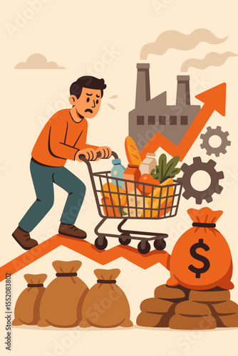 Economic Inflation Impact Concept. Rising Consumer Prices, Increased Cost of Living, Food Price Hike, Factory Production Expenses. Financial Strain, Budget, Shopping, Money Bags, Arrow Growth Vector