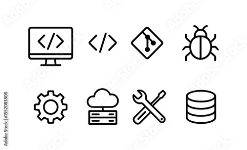 Technology symbols: coding, git, bug, gear, cloud, tools, database icons