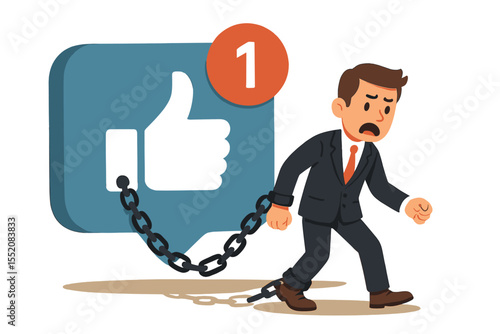 Concept Social Media Addiction Captive Businessman in Suit Chained to Giant Like Notification Icon Vector Illustration. Digital Dependency, Technology Trap, Social Network Influence Metaphor