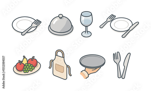 Dining icons set with serving dish, glass, plate, fruits, apron, tray, cutlery