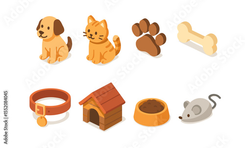 Isometric pet icons: dog, cat, paw, bone, collar, house, bowl, mouse