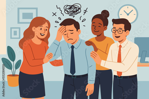 Team support for stressed colleague in workplace. Office employees comforting coworker experiencing anxiety, stress, burnout. Mental health, teamwork, empathy, work environment vector illustration.