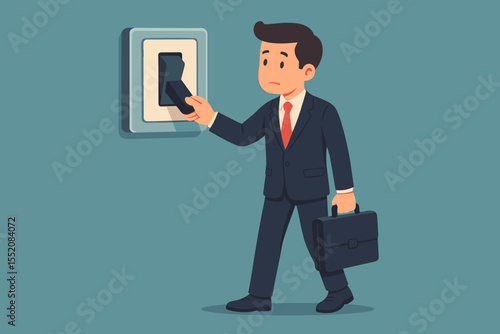 Businessman Turning Off Giant Switch Vector. Concept End of Business, Closure, Bankruptcy, Career Decision, Energy Saving, Shutdown. Office Worker Power Off Metaphor. Cartoon Illustration