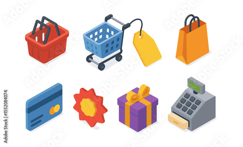 Isometric shopping icons: basket, cart, tag, bags, card, badge, gift, register
