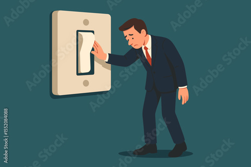 Businessman Turning Off Giant Light Switch, Metaphor for Shutting Down Business, Bankruptcy, Company Closure, Crisis Management, Energy Saving, Decision Making, Corporate Downsizing Concept