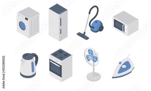 Isometric view of common household appliances in blue and gray tones