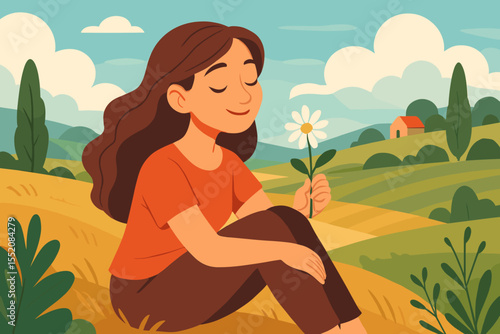 Peaceful woman sitting in sunlit countryside meadow holding daisy flower, rural landscape, relaxing outdoors, summer nature, calm field scene, vector cartoon illustration, leisure activity