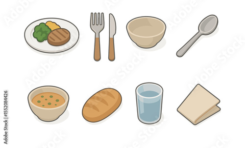Assorted tableware and meal items including utensils, bowls, and food