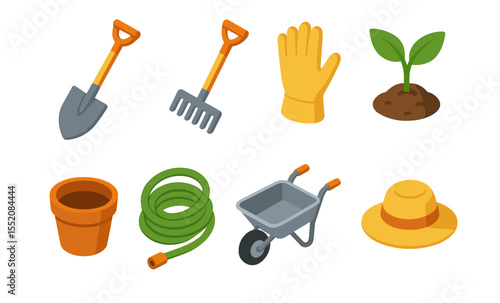 Gardening tools and accessories: shovel, rake, gloves, seedling, pot, hose, wheelbarrow, hat