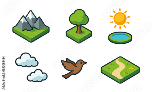 Isometric nature elements: mountains, tree, sun, pond, clouds, bird pathway