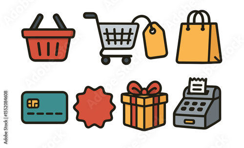 Colorful shopping icons set featuring basket, cart, bag, tag, card, badge, gift, and register
