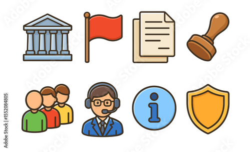 Government symbols: courthouse, red flag, documents, seal, team, operator, information, shield