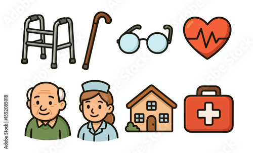 Elderly care symbols: medical assistance, support, and wellbeing icons
